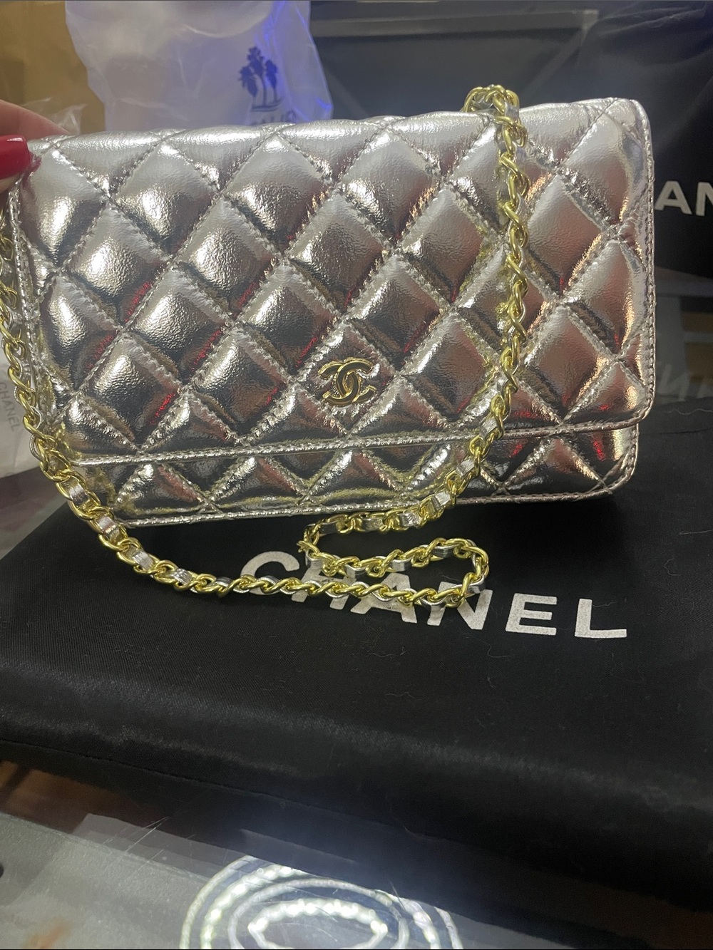 😍🔥 Chanel Metallic Silver & Gold  Quilted Crossbody Bag. WOC Vegan leather